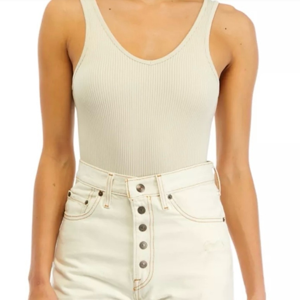 Pink Rose Seamless Ribbed V-Neck Bodysuit - Cream/Ecru, S/M